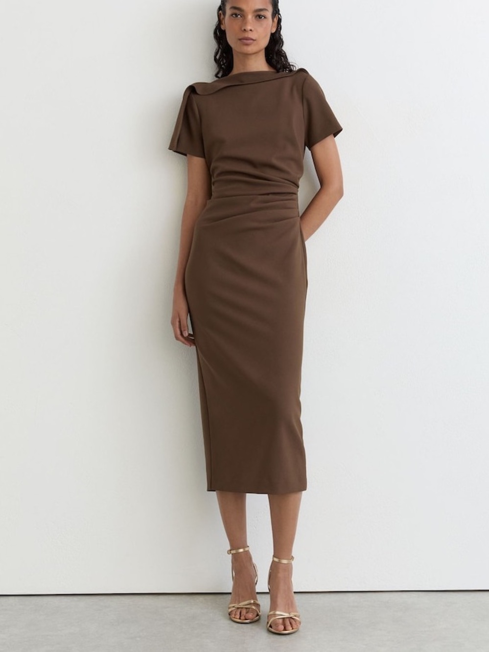 Reiss Hilary Ruched-Detail Boat-Neck Midi Dress in Mocha Brown, 2 4 6 8 10